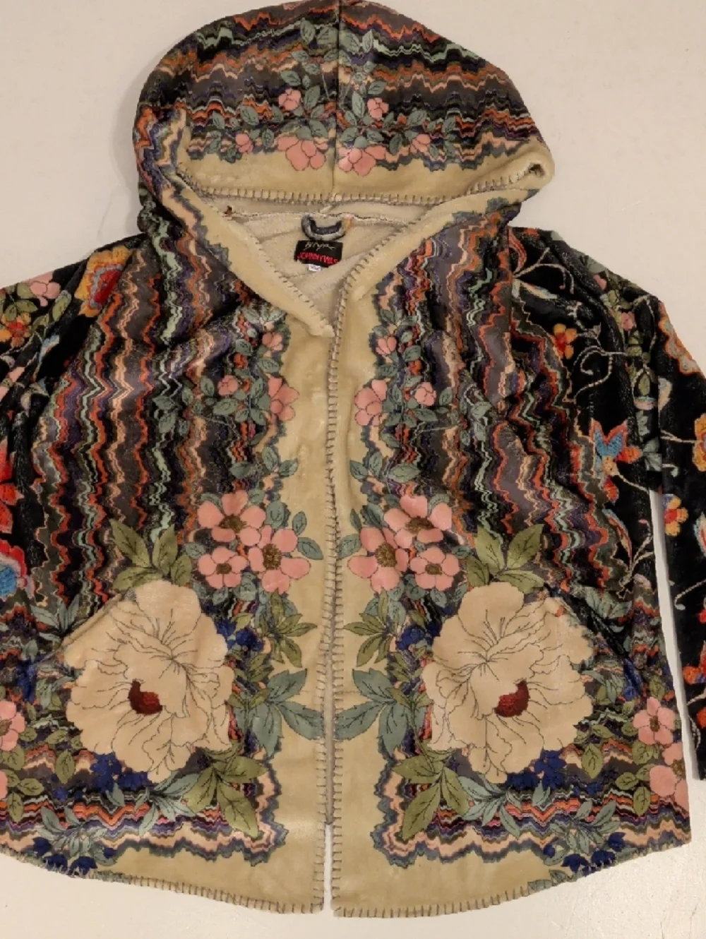 Johnny Was Biya Sherpa Hooded Jacket Soft Fleece Colorful Flowers Oversized Sz L - Picture 9 of 12
